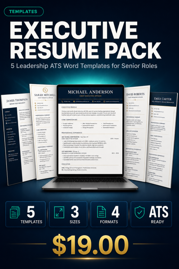 Executive Resume Pack — 5 Leadership ATS Word Templates