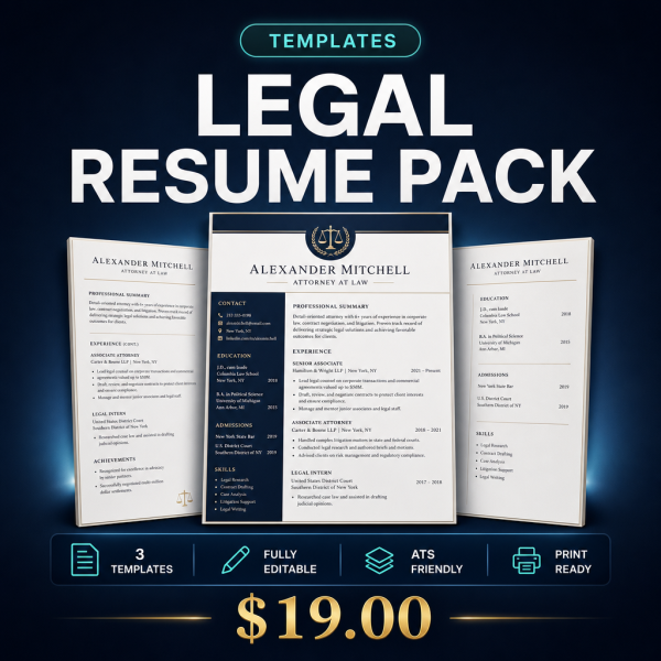 Legal Resume Pack — 5 Law Firm ATS Word Templates