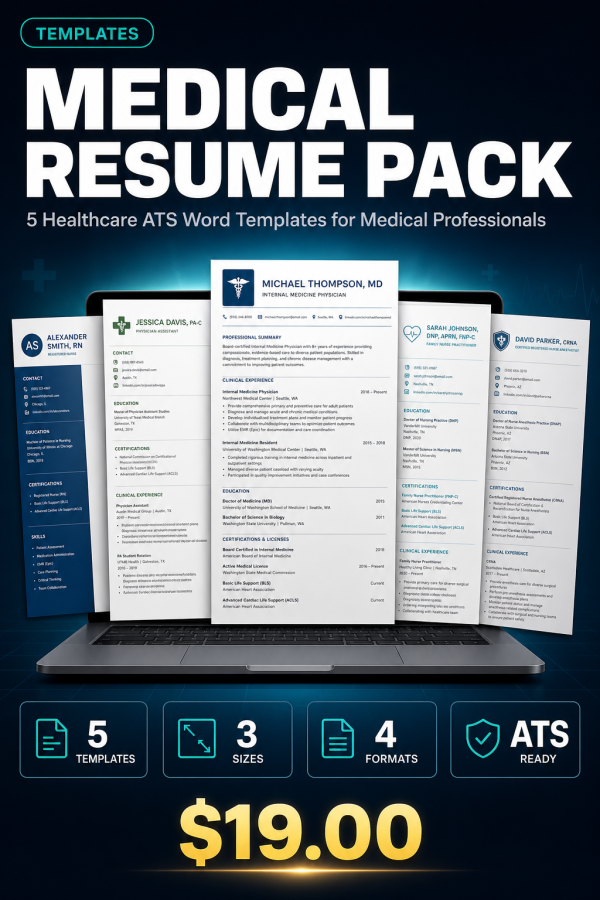 Medical Resume Pack — 5 Healthcare ATS Word Templates