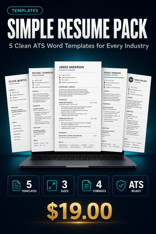 Simple Resume Pack — 5 Clean ATS Word Templates