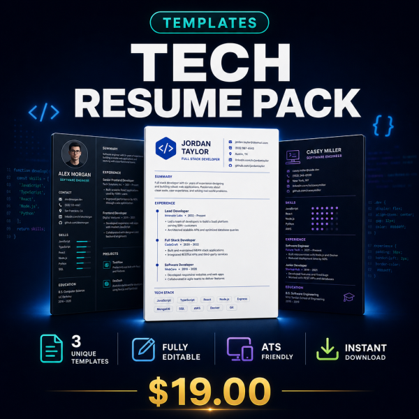 31_tech_resume_thumb Tech Resume Pack — 5 Developer ATS Word Templates