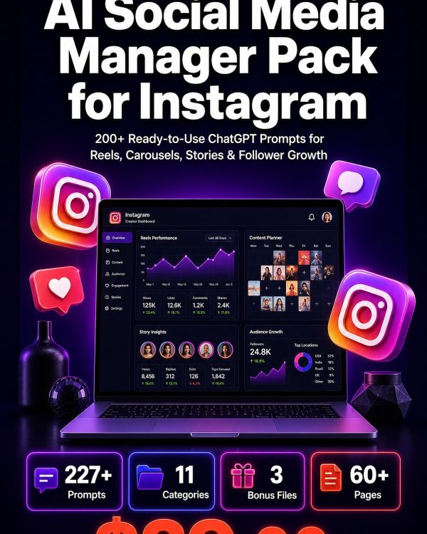 AI Social Media Manager Pack for Instagram — 200+ ChatGPT Prompts for Reels, Carousels, Stories & Follower Growth
