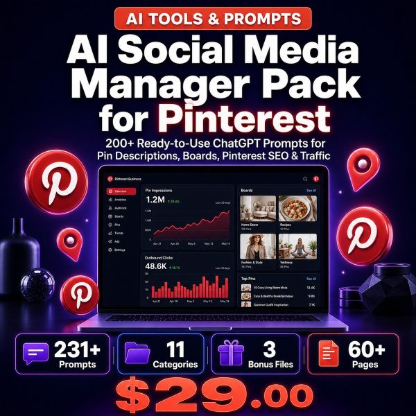 AI_Social_Media_Manager_Pack_for_Pinterest_Thumbnail AI Social Media Manager Pack for Pinterest — 200+ ChatGPT Prompts for Pin Descriptions, Boards, Pinterest SEO & Traffic