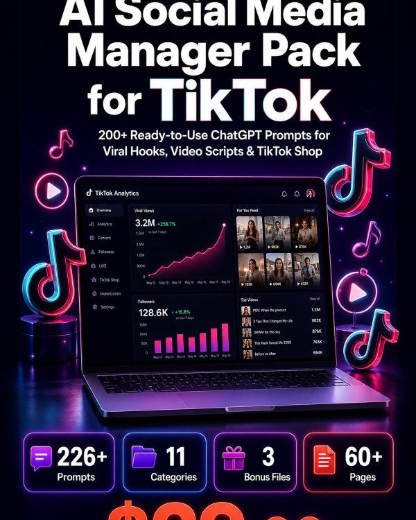 AI Social Media Manager Pack for TikTok — 200+ ChatGPT Prompts for Viral Hooks, Video Scripts & TikTok Shop