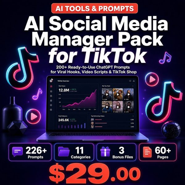 AI Social Media Manager Pack for TikTok — 200+ ChatGPT Prompts for Viral Hooks, Video Scripts & TikTok Shop