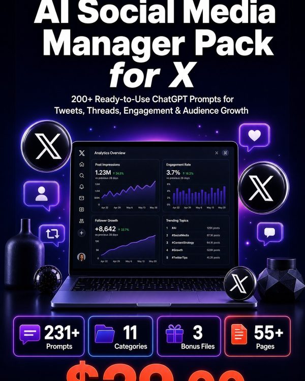 AI Social Media Manager Pack for X (Twitter) — 200+ ChatGPT Prompts for Tweets, Threads, Engagement & Audience Growth