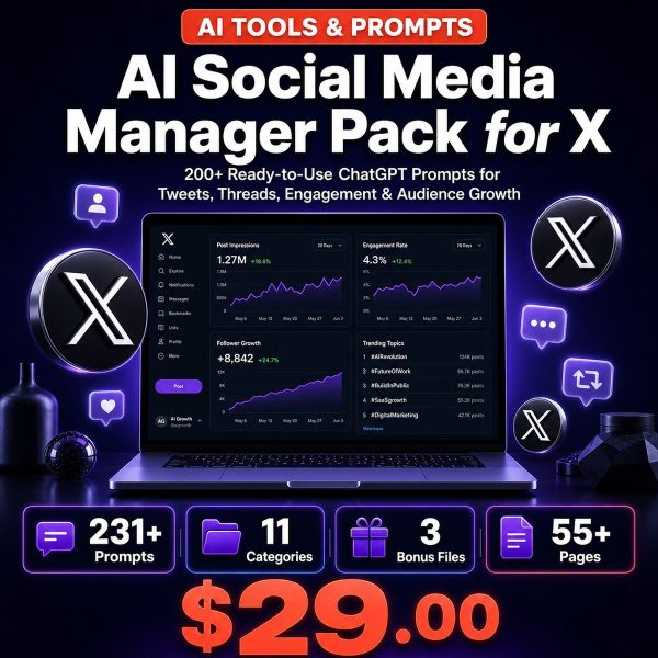 AI Social Media Manager Pack for X (Twitter) — 200+ ChatGPT Prompts for Tweets, Threads, Engagement & Audience Growth