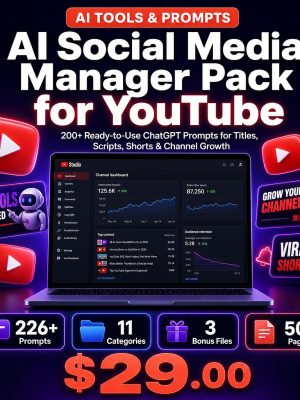 AI_Social_Media_Manager_Pack_for_YouTube_Thumbnail AI Social Media Manager Pack for YouTube — 200+ ChatGPT Prompts for Titles, Scripts, Shorts & Channel Growth