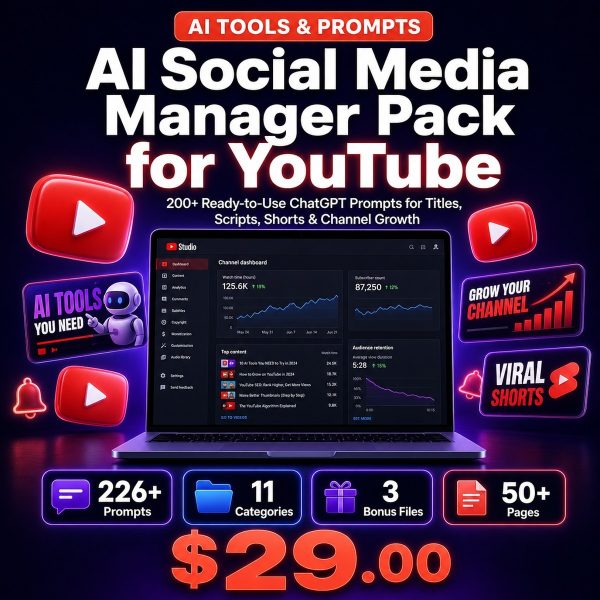 AI_Social_Media_Manager_Pack_for_YouTube_Thumbnail AI Social Media Manager Pack for YouTube — 200+ ChatGPT Prompts for Titles, Scripts, Shorts & Channel Growth