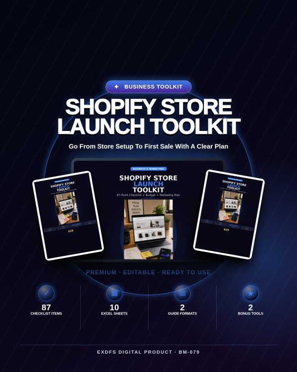 Shopify Store Launch Toolkit — 87-Point Checklist, Budget Planner, Marketing Calendar & Complete Launch Guide
