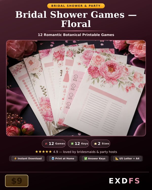 Floral Bridal Shower Games — 12 Romantic Botanical Printable Party Games