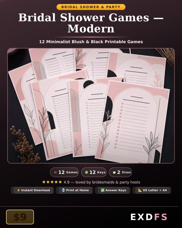 Modern Bridal Shower Games — 12 Minimalist Blush & Black Printable Games