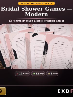 Modern Bridal Shower Games — 12 Minimalist Blush & Black Printable Games