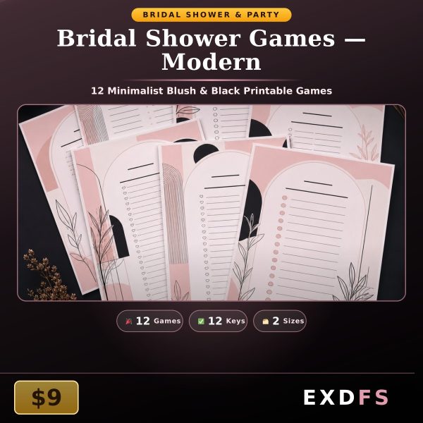 Modern Bridal Shower Games — 12 Minimalist Blush & Black Printable Games