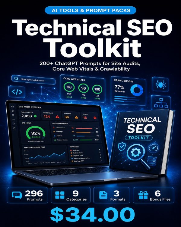 Cover_Detail_1200x1500 Technical SEO Toolkit — 200+ ChatGPT Prompts for Site Audits, Core Web Vitals, Crawlability & Indexation