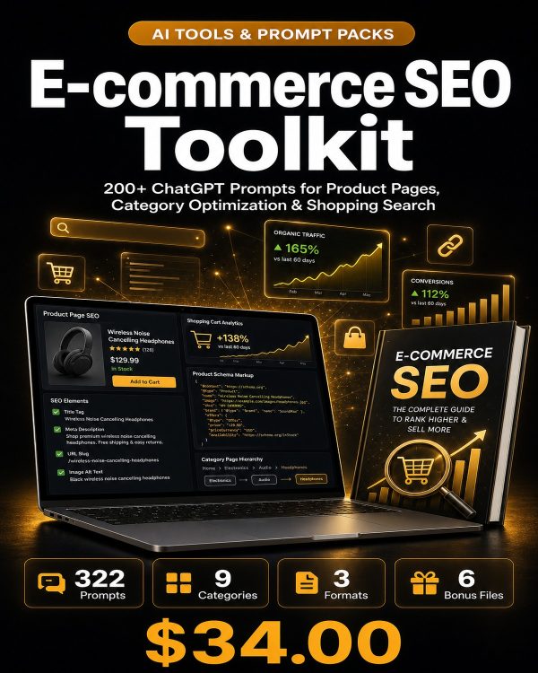 Cover_Detail_1200x1500 E-commerce SEO Toolkit — 200+ ChatGPT Prompts for Product Pages, Category Optimization & Shopping Search