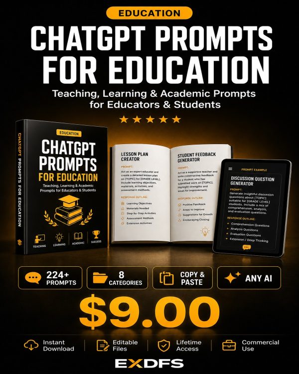 ChatGPT Prompts for Education - Product Details with Categories and Example Prompts