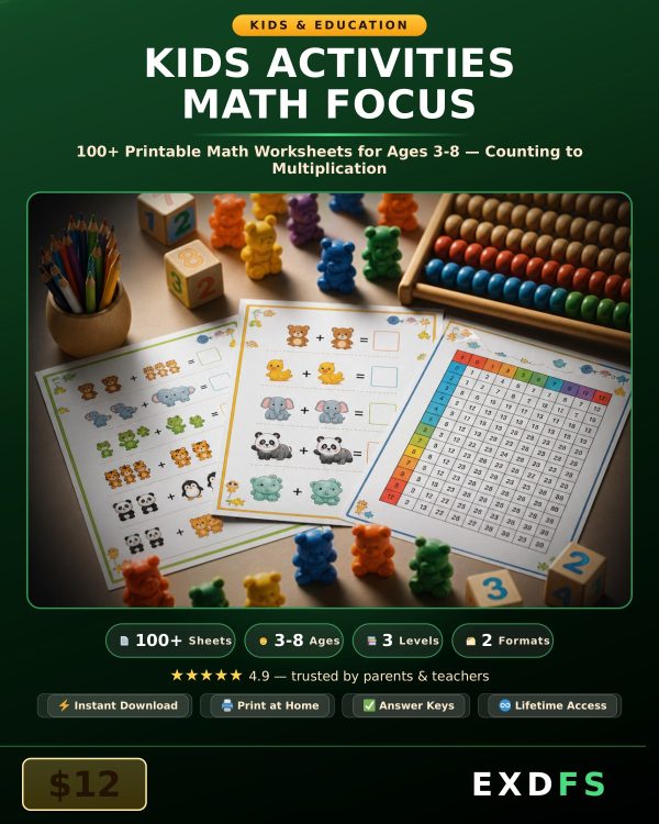 Kids Activities Math Focus — 100+ Printable Math Worksheets for Ages 3-8