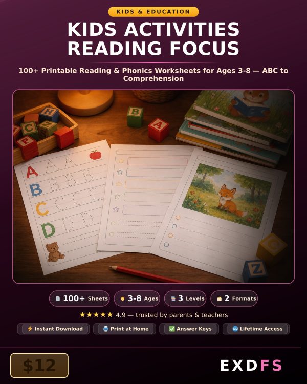 Kids Activities Reading Focus — 100+ Printable Reading & Phonics Worksheets for Ages 3-8