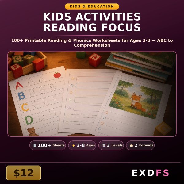 Kids Activities Reading Focus — 100+ Printable Reading & Phonics Worksheets for Ages 3-8