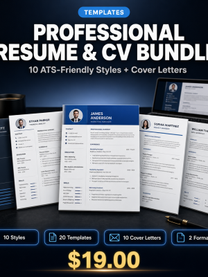 Professional_Resume_CV_Bundle_Thumbnail Professional Resume & CV Bundle — 10 ATS-Friendly Styles + Cover Letters