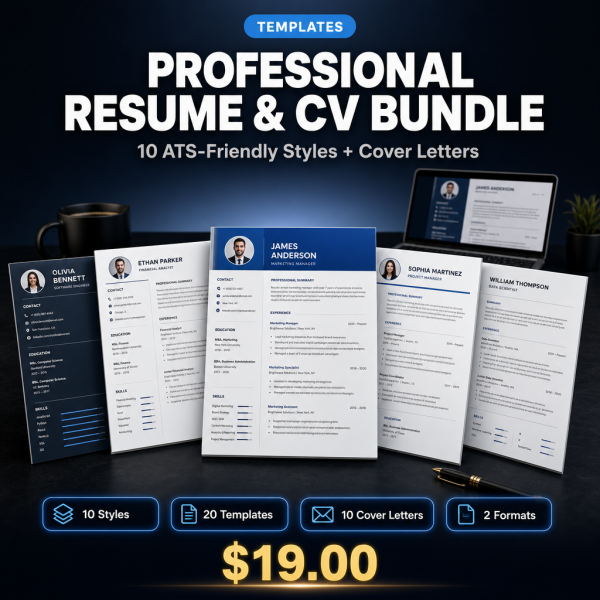 Professional_Resume_CV_Bundle_Thumbnail Professional Resume & CV Bundle — 10 ATS-Friendly Styles + Cover Letters