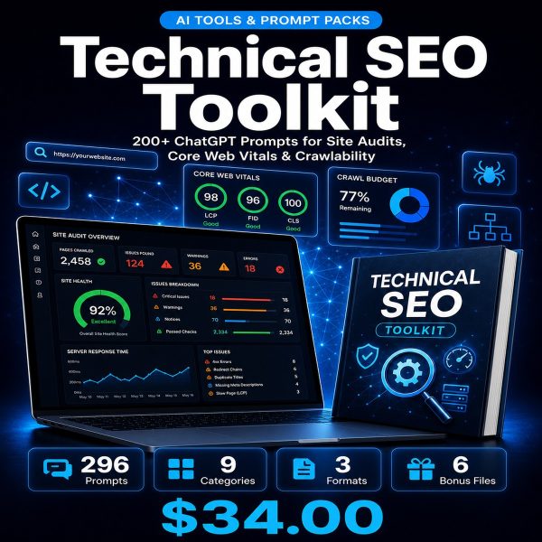 Technical-SEO-Toolkit_Thumbnail Technical SEO Toolkit — 200+ ChatGPT Prompts for Site Audits, Core Web Vitals, Crawlability & Indexation