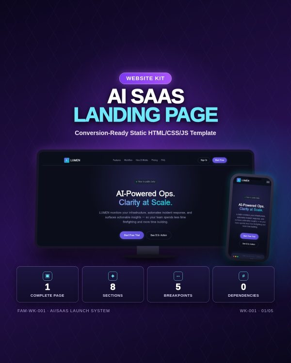 WK-001_Card_Cover LUMEN — AI SaaS Landing Page Template — Static HTML/CSS/JS