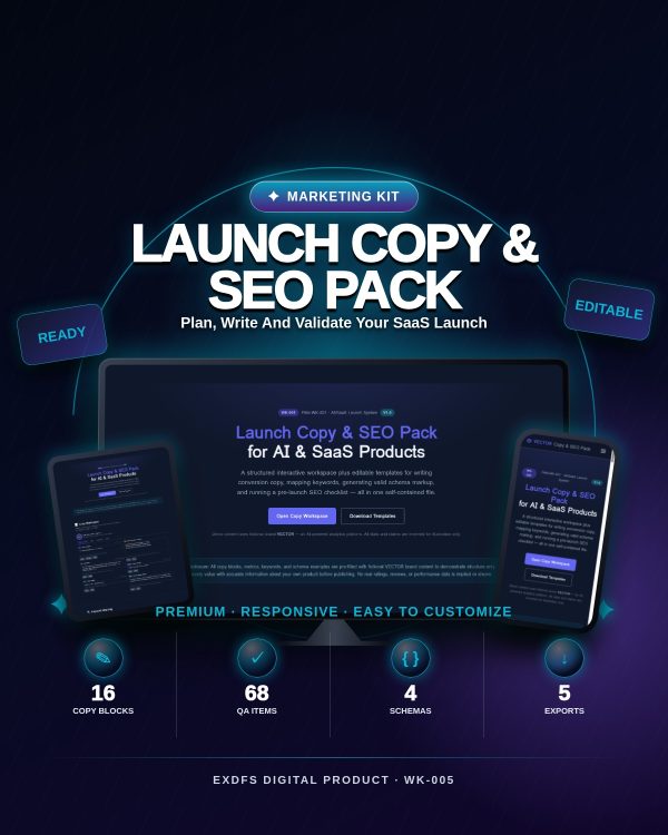 WK-005_Cover_111_safe VECTOR — Launch Copy & SEO Pack for AI & SaaS Products