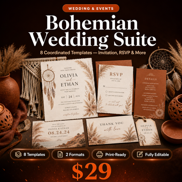 bohemian-wedding-thumbnail Bohemian Wedding Suite – 8 Free-Spirited Invitation & Stationery Templates