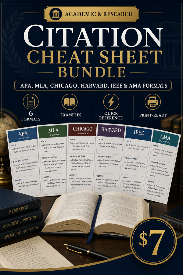Citation Cheat Sheet Bundle — APA, MLA, Chicago, Harvard, IEEE & AMA