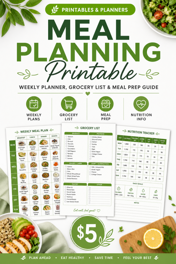 Meal Planning Printable — Weekly Planner, Grocery List, Meal Prep & Nutrition Tracker