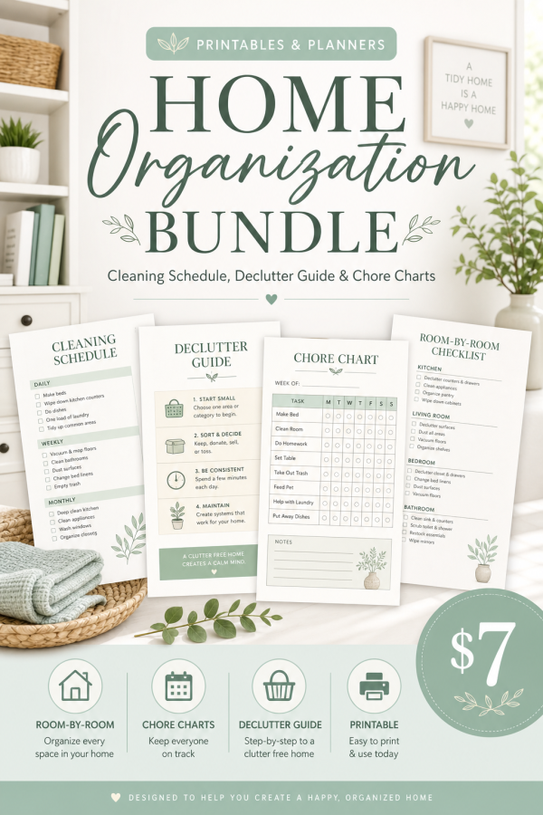 Home Organization Bundle — Cleaning Schedule, Declutter Guide, Chore Chart, Pantry Tracker & Maintenance Log