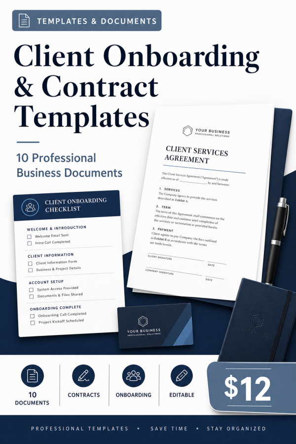 Client Onboarding & Contract Templates | 10 Professional Business Documents | Editable DOCX | Instant Download