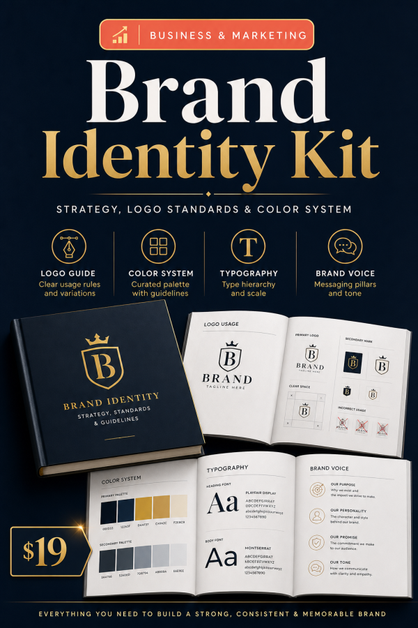 Brand Identity Kit Template — Strategy, Logo Standards, Color System & Messaging Framework