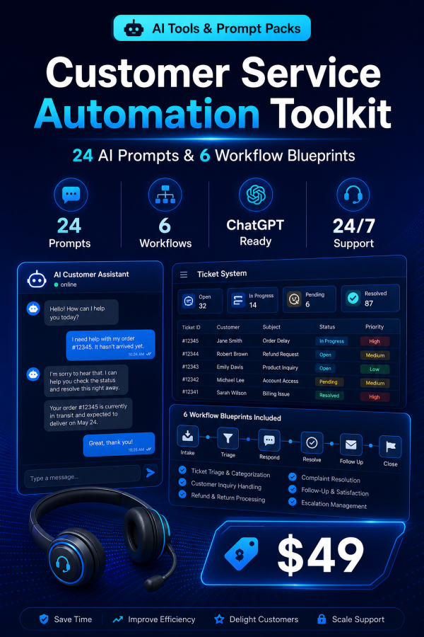 Customer Service Automation Toolkit — 24 AI Prompts & 6 Workflow Blueprints for ChatGPT