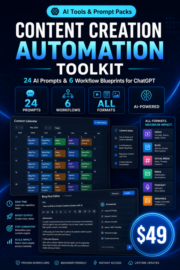 Content Creation Automation Toolkit — 24 AI Prompts & 6 Workflow Blueprints for ChatGPT