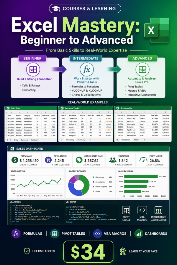 Excel Mastery: Beginner to Advanced — Formulas, Pivot Tables, Macros & Dashboards