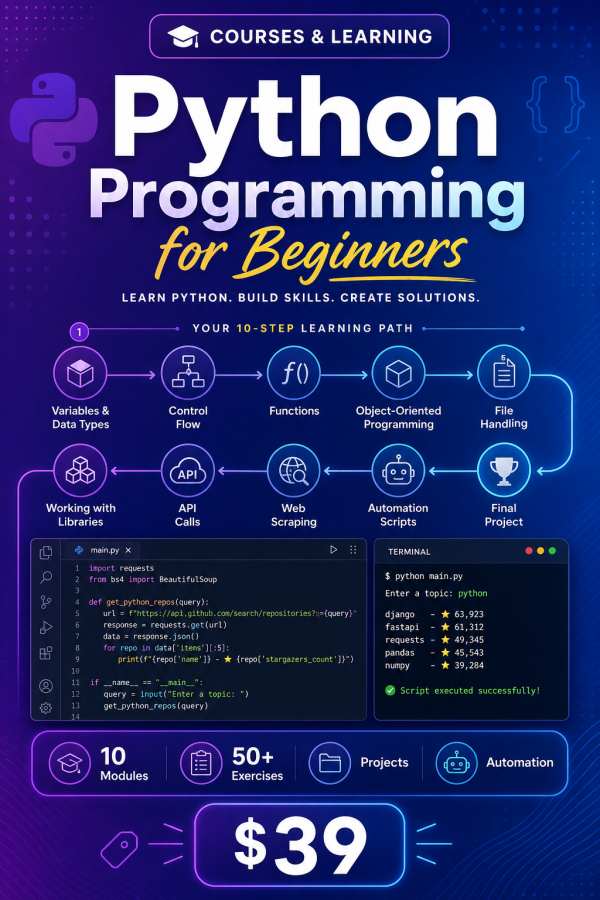 Python Programming for Beginners — 10-Module Course: Basics to Automation & Web Scraping