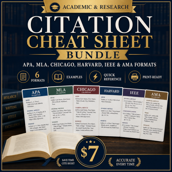 Citation Cheat Sheet Bundle — APA, MLA, Chicago, Harvard, IEEE & AMA