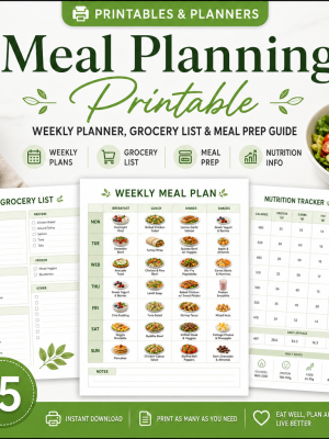 Meal Planning Printable — Weekly Planner, Grocery List, Meal Prep & Nutrition Tracker