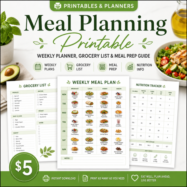 Meal Planning Printable — Weekly Planner, Grocery List, Meal Prep & Nutrition Tracker