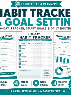 Habit Tracker & Goal Setting Printable — 30-Day Tracker, SMART Goals, Daily Routines & Progress Review