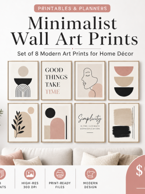 Minimalist Wall Art Prints — Set of 8 Modern Art Prints, Geometric, Typography, Abstract & Botanical Line Art