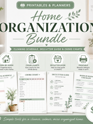 Home Organization Bundle — Cleaning Schedule, Declutter Guide, Chore Chart, Pantry Tracker & Maintenance Log
