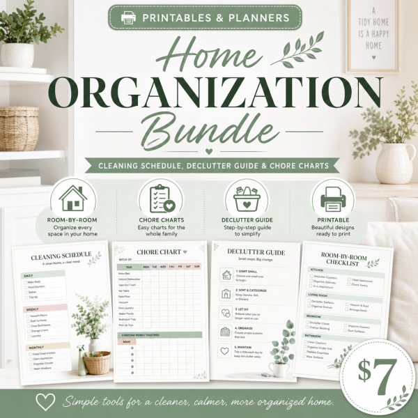 Home Organization Bundle — Cleaning Schedule, Declutter Guide, Chore Chart, Pantry Tracker & Maintenance Log