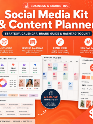 Social Media Kit & Content Planner — Strategy, Calendar, Brand Guide, Hashtags, Analytics & Caption Templates