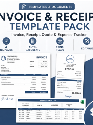 Invoice & Receipt Template Pack — Invoice, Receipt, Quote, Expense Tracker, Purchase Order & Credit Note