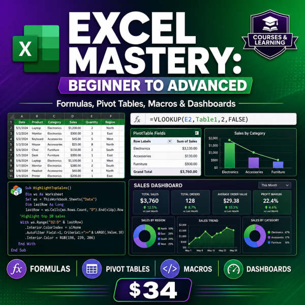 Excel Mastery: Beginner to Advanced — Formulas, Pivot Tables, Macros & Dashboards