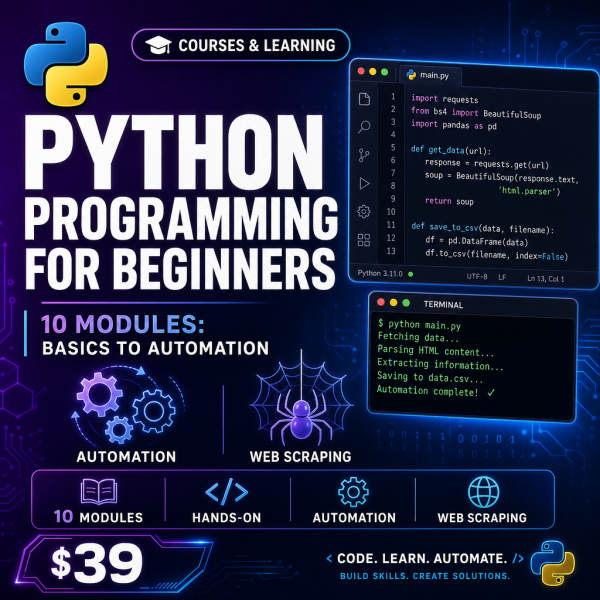 Python Programming for Beginners — 10-Module Course: Basics to Automation & Web Scraping